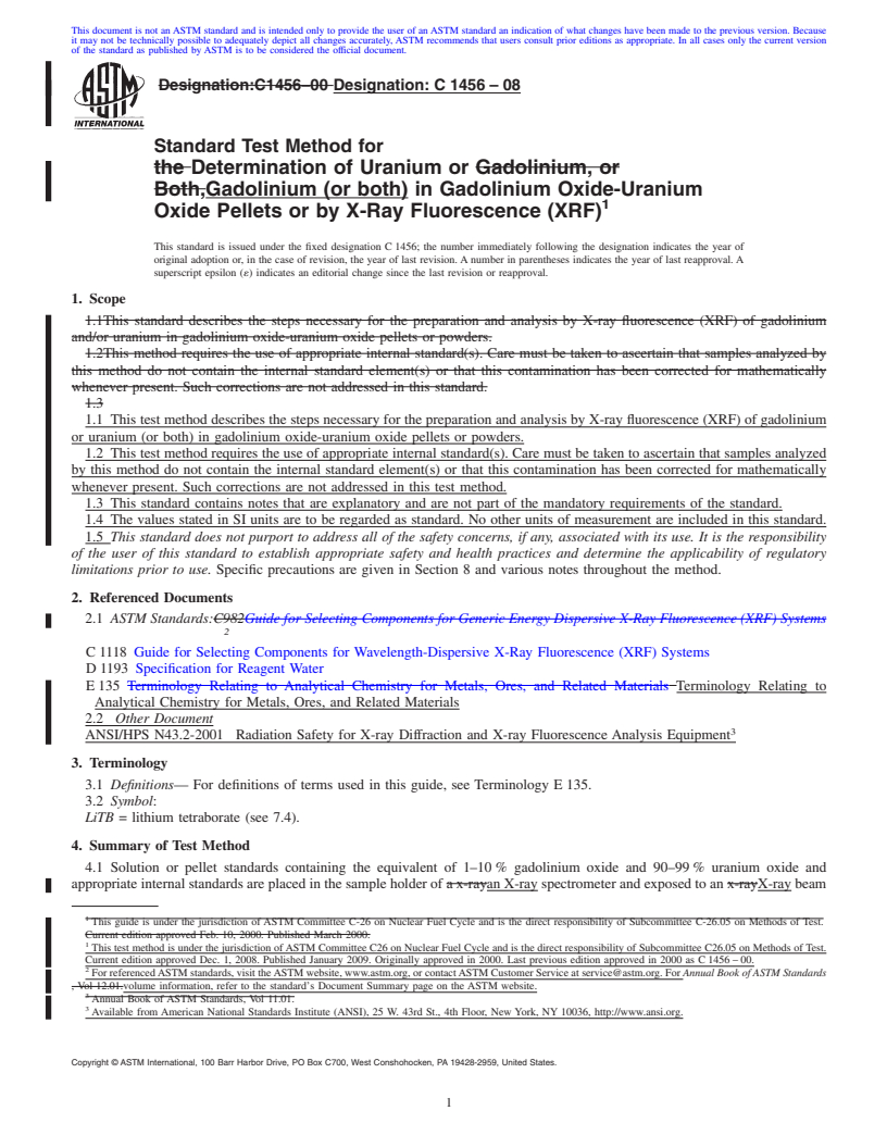 REDLINE ASTM C1456-08 - Standard Test Method for the Determination of Uranium or Gadolinium, or Both, in Gadolinium Oxide-Uranium Oxide Pellets or by X-Ray Fluorescence (XRF)