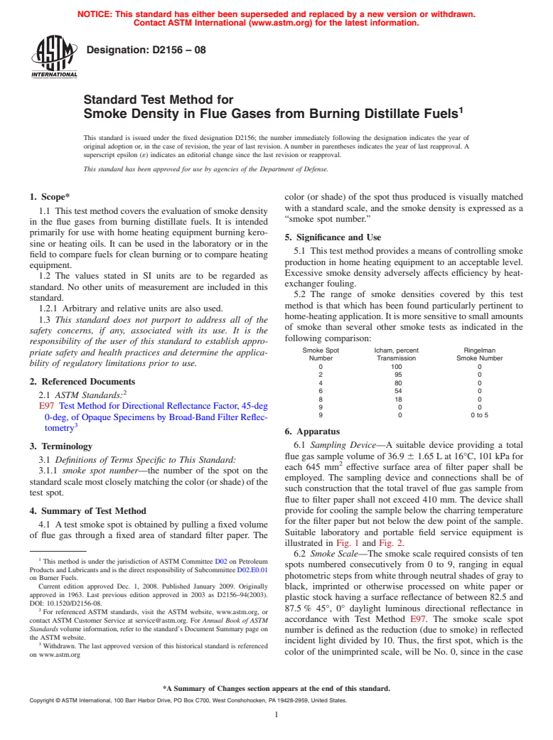 ASTM D2156-08 - Standard Test Method for Smoke Density in Flue Gases from Burning Distillate Fuels