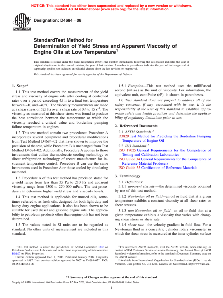 ASTM D4684-08 - Standard Test Method for Determination of Yield Stress and Apparent Viscosity of Engine Oils at Low Temperature