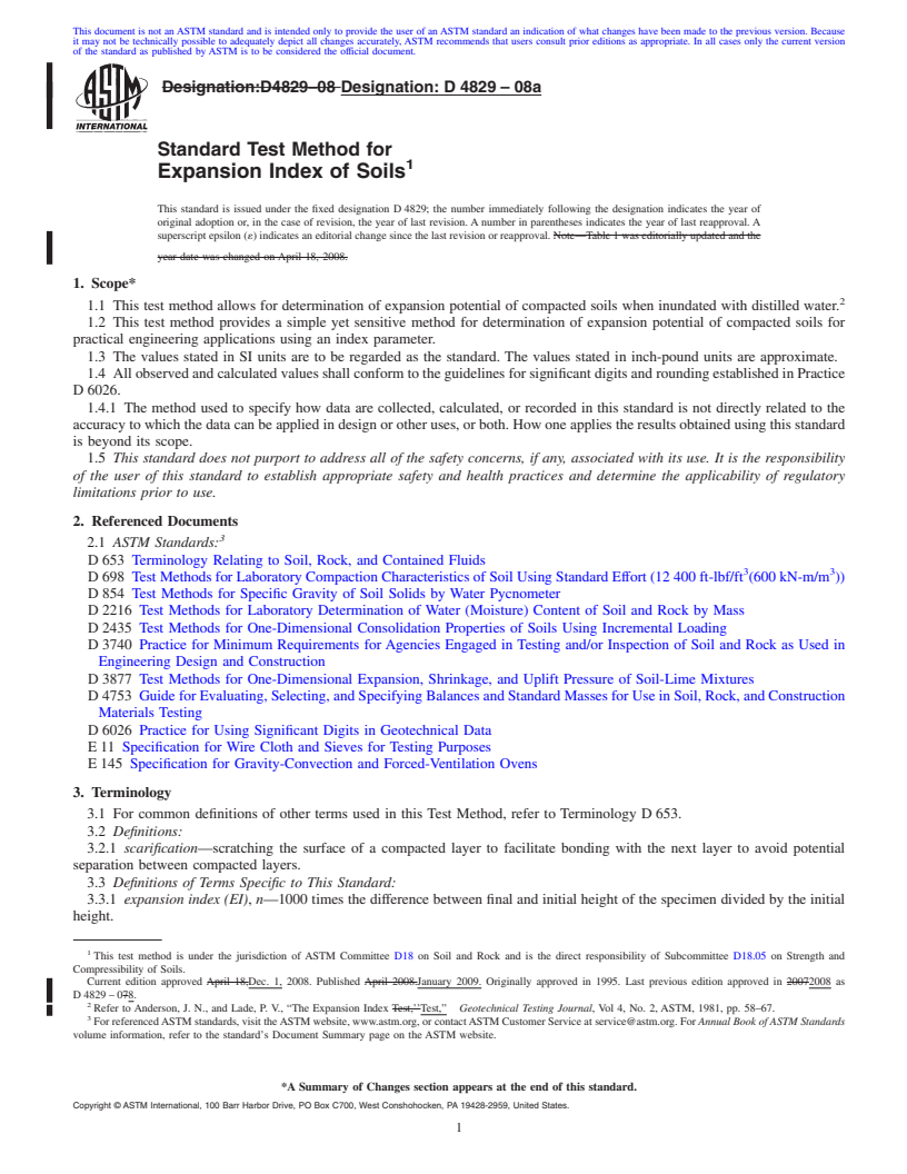 REDLINE ASTM D4829-08a - Standard Test Method for Expansion Index of Soils