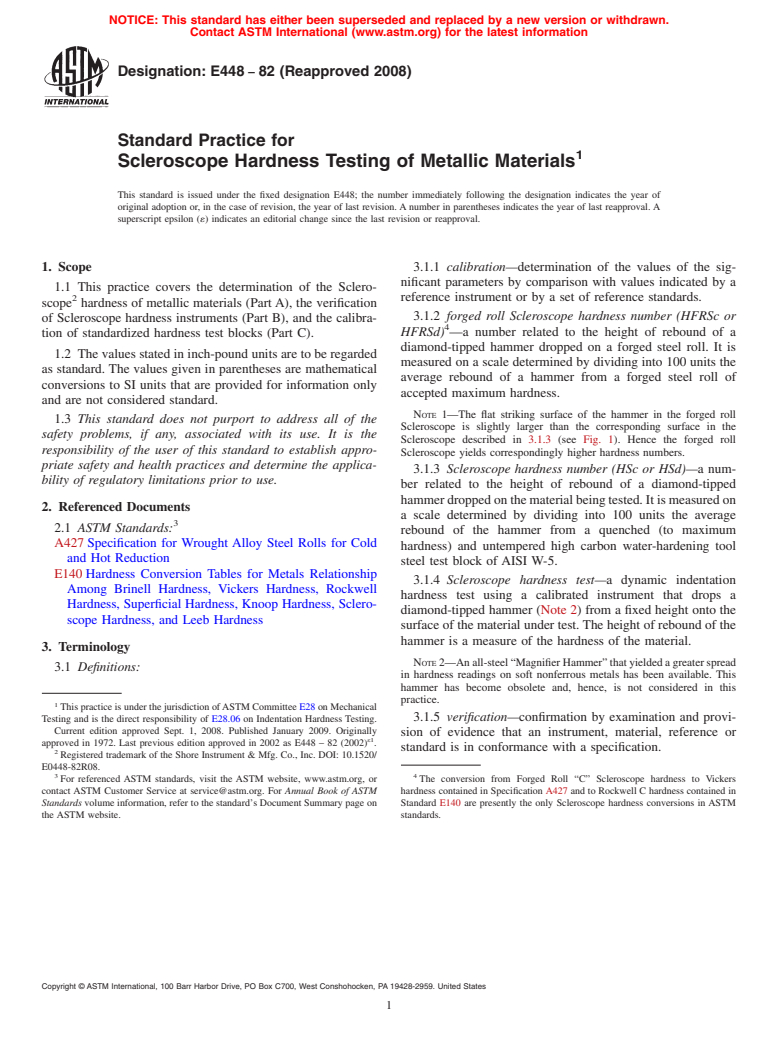 ASTM E448-82(2008) - Standard Practice for Scleroscope Hardness Testing of Metallic Materials (Withdrawn 2017)