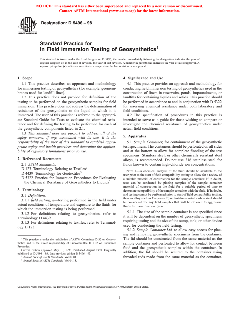 ASTM D5496-98 - Standard Practice for In Field Immersion Testing of Geosynthetics