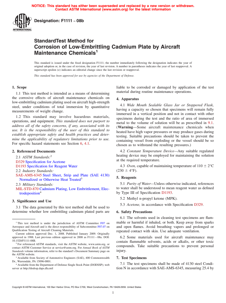 ASTM F1111-08b - Standard Test Method for Corrosion of Low-Embrittling Cadmium Plate by Aircraft Maintenance Chemicals