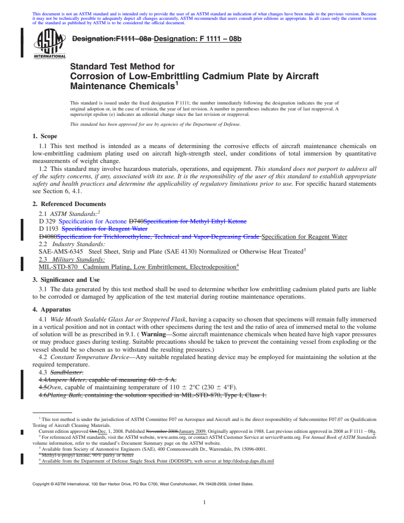 REDLINE ASTM F1111-08b - Standard Test Method for Corrosion of Low-Embrittling Cadmium Plate by Aircraft Maintenance Chemicals