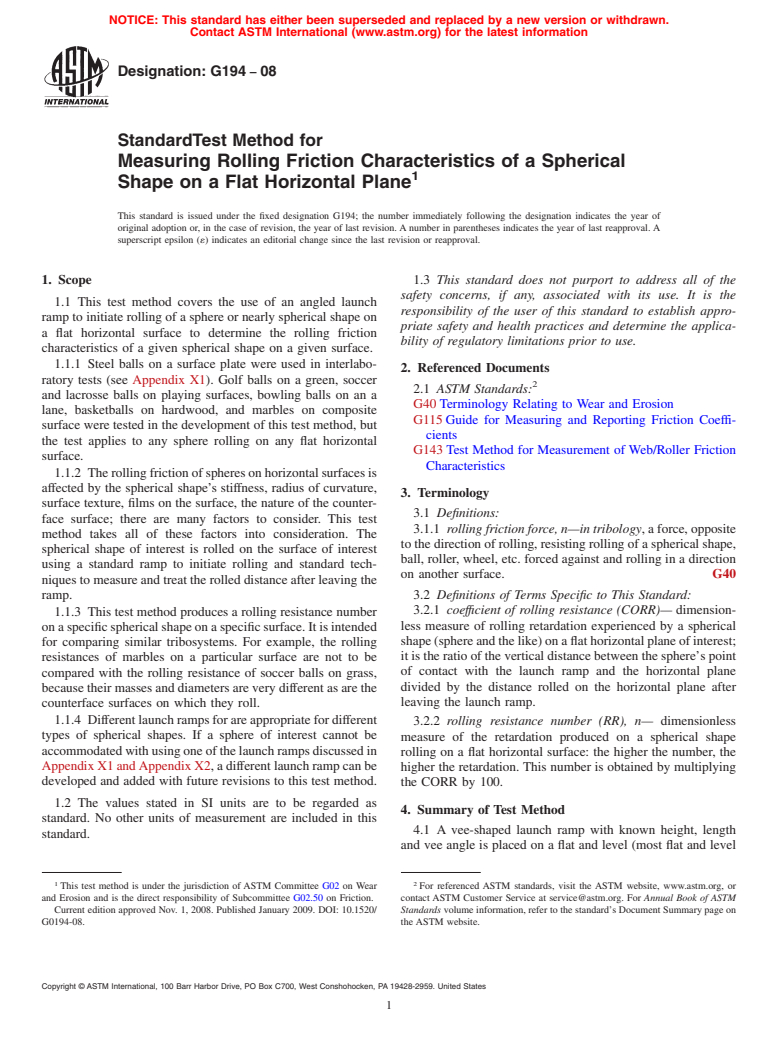 ASTM G194-08 - Standard Test Method for Measuring Rolling Friction Characteristics of a Spherical Shape on a Flat Horizontal Plane