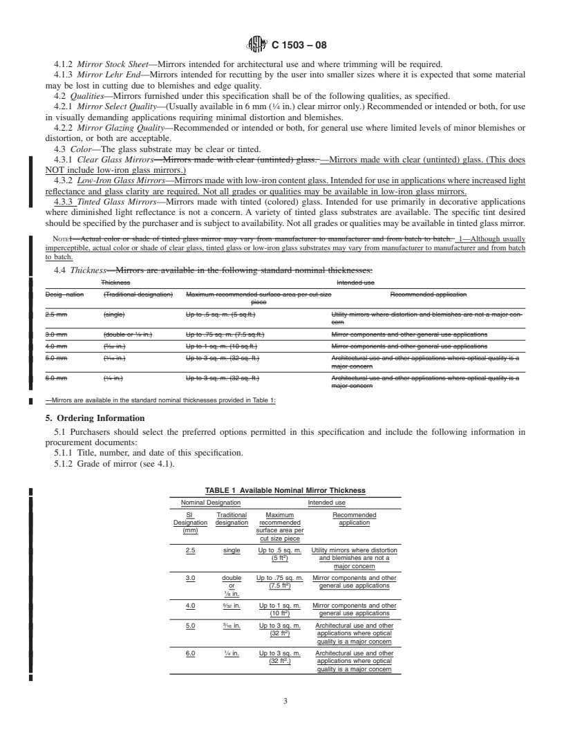 REDLINE ASTM C1503-08 - Standard Specification for Silvered Flat Glass Mirror