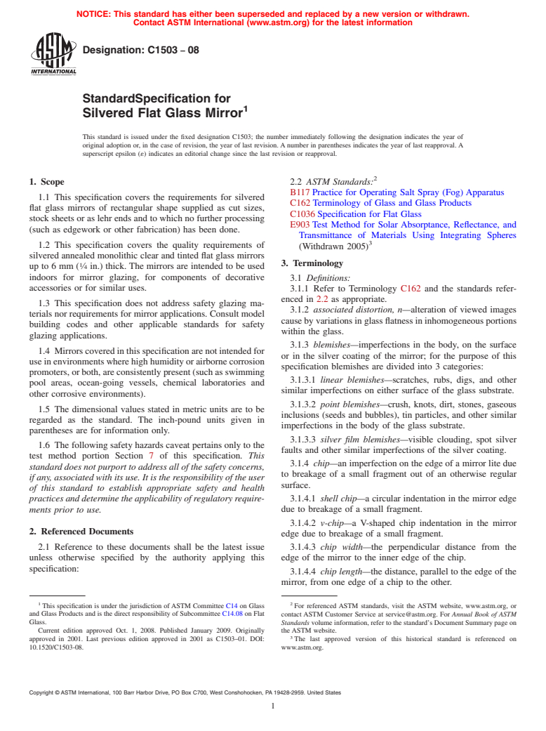 ASTM C1503-08 - Standard Specification for Silvered Flat Glass Mirror