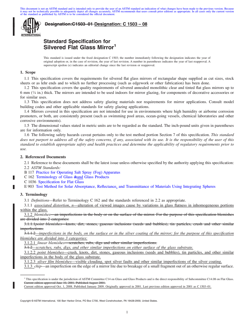 REDLINE ASTM C1503-08 - Standard Specification for Silvered Flat Glass Mirror