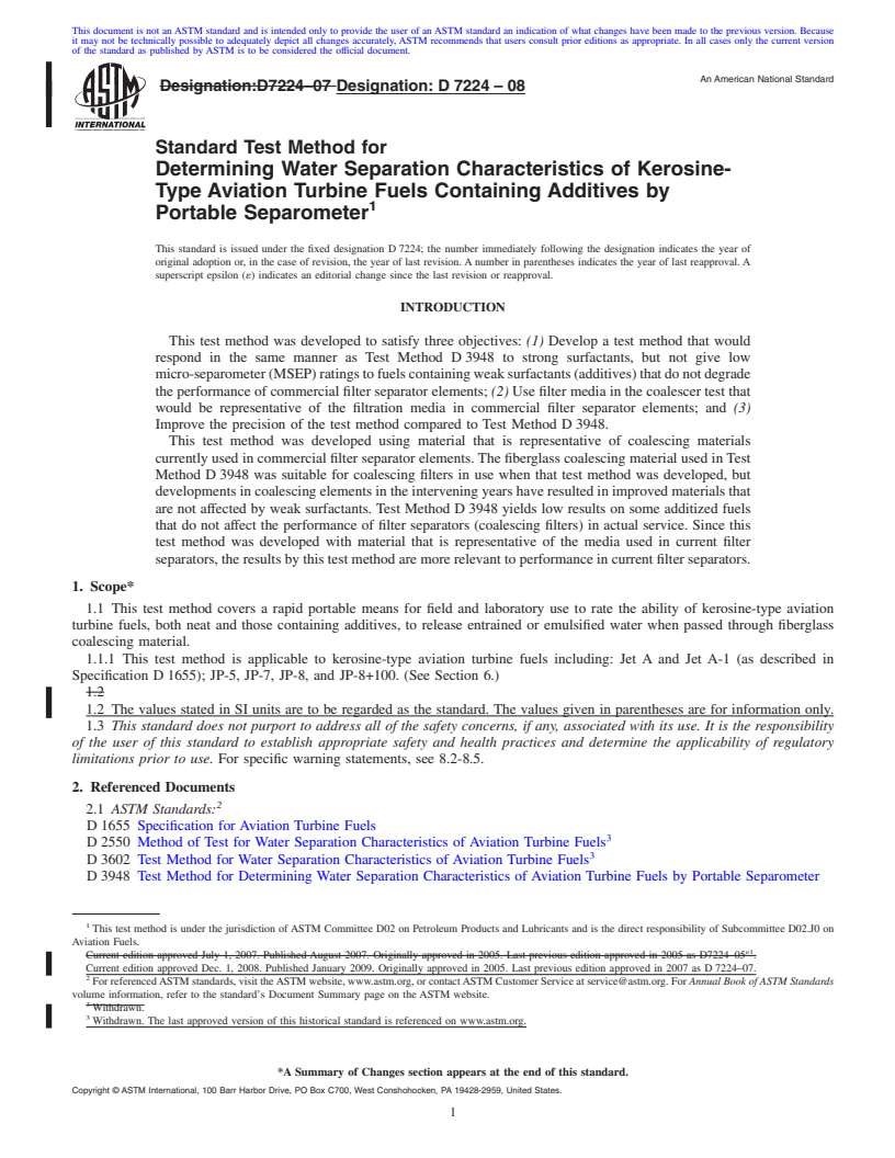 REDLINE ASTM D7224-08 - Standard Test Method for Determining Water Separation Characteristics of Kerosine-Type Aviation Turbine Fuels Containing Additives by Portable Separometer