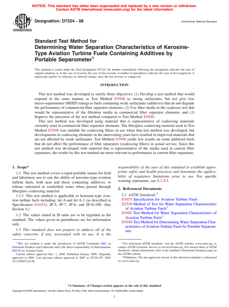 ASTM D7224-08 - Standard Test Method for Determining Water Separation Characteristics of Kerosine-Type Aviation Turbine Fuels Containing Additives by Portable Separometer