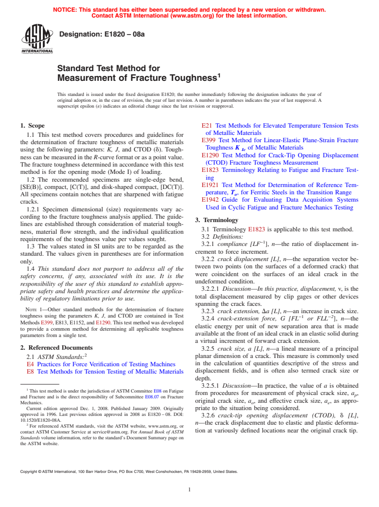 ASTM E1820-08a - Standard Test Method for  Measurement of Fracture Toughness