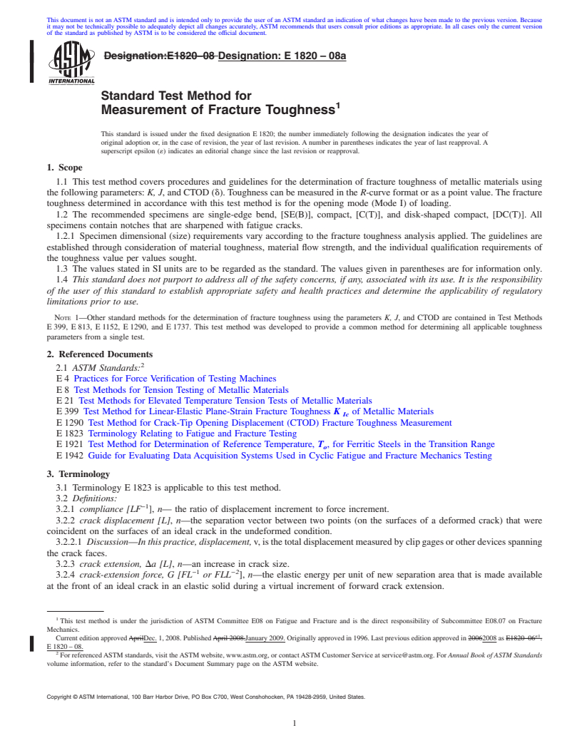 REDLINE ASTM E1820-08a - Standard Test Method for  Measurement of Fracture Toughness