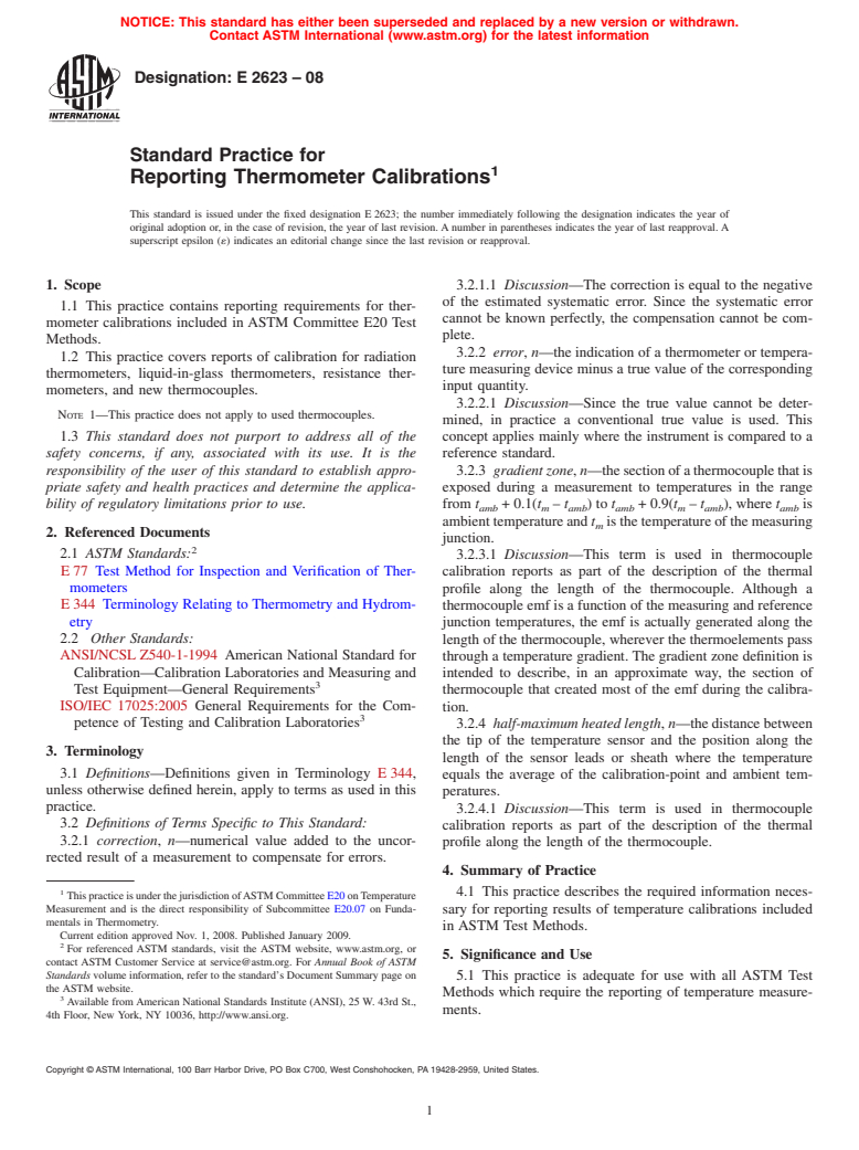 ASTM E2623-08 - Standard Practice for Reporting Temperature Calibrations