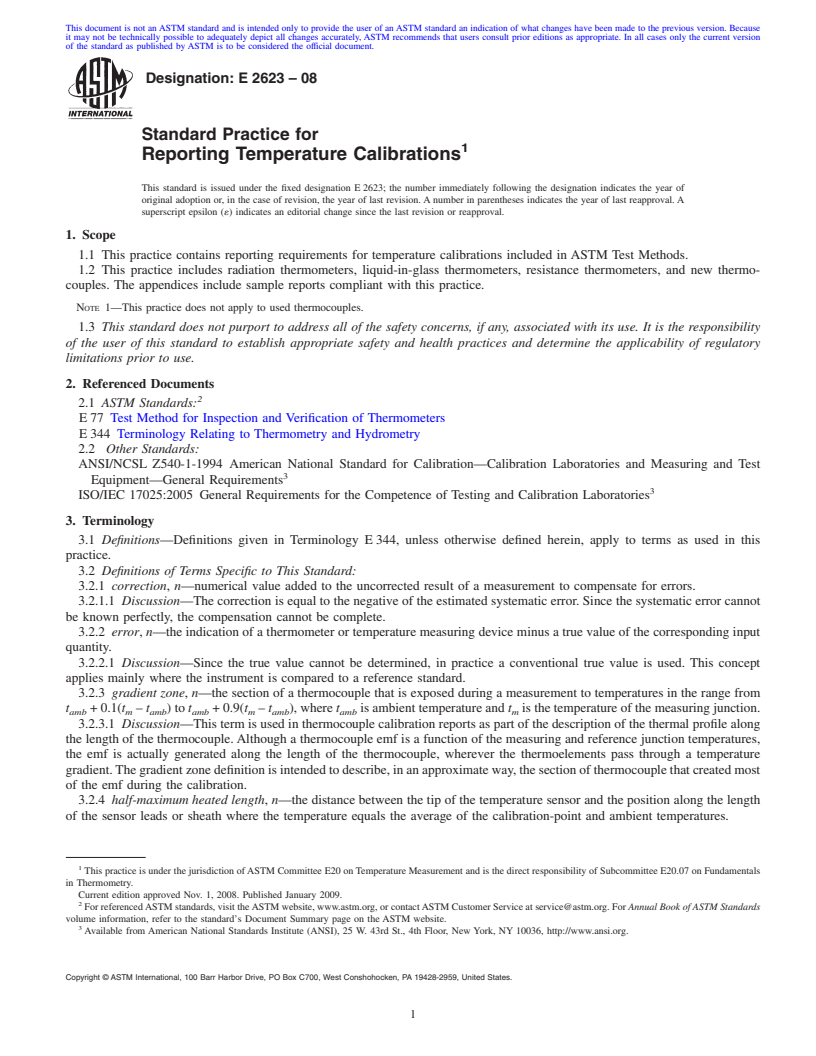 REDLINE ASTM E2623-08 - Standard Practice for Reporting Temperature Calibrations