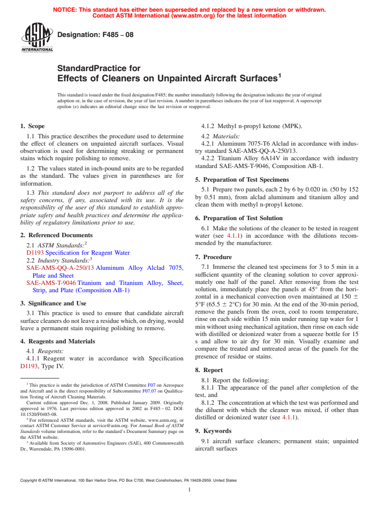 ASTM F485-08 - Standard Practice for Effects of Cleaners on Unpainted Aircraft Surfaces