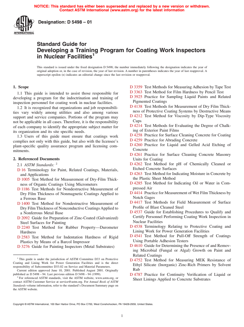 ASTM D5498-01 - Standard Guide for Developing a Training Program for Coating Work Inspectors in Nuclear Facilities