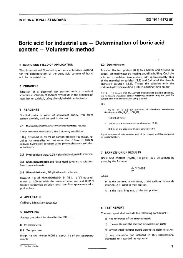 ISO 1914:1972 - Boric acid for industrial use -- Determination of boric acid content -- Volumetric method