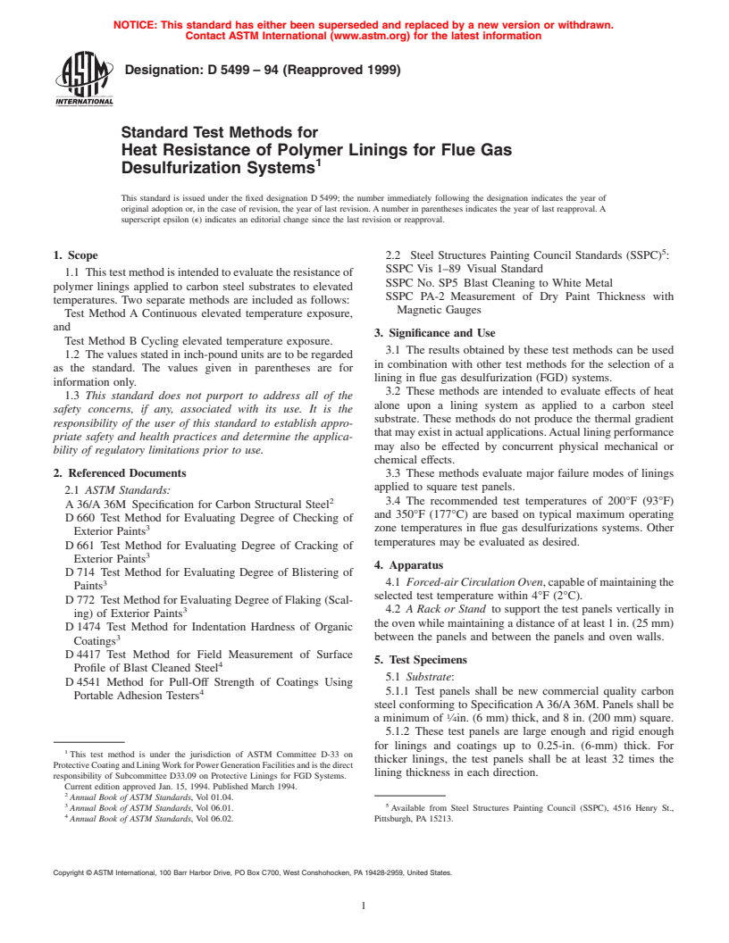 ASTM D5499-94(1999) - Standard Test Methods for Heat Resistance of Polymer Linings for Flue Gas Desulfurization Systems