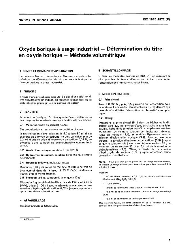 ISO 1915:1972 - Oxyde borique a usage industriel -- Détermination du titre en oxyde borique -- Méthode volumétrique