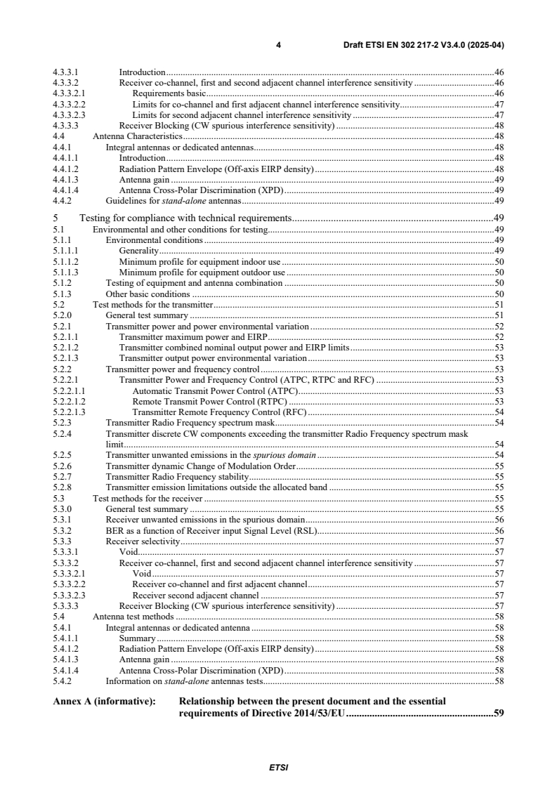 SIST EN 302 217-2 V3.4.1:2025 ETSI EN 302 217-2 V3.4.0 (2025-04) - Fixed Radio Systems; Characteristics and requirements for point-to-point equipment and antennas; Part 2: Digital systems operating in frequency bands from 1 GHz to 174,8 GHz; Harmonised Standard for access to radio spectrum - Page 4 preview