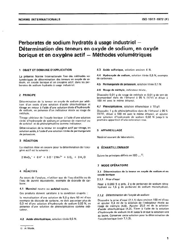 ISO 1917:1972 - Perborates de sodium hydratés a usage industriel -- Détermination des teneurs en oxyde de sodium, en oxyde borique et en oxygene actif -- Méthodes volumétriques