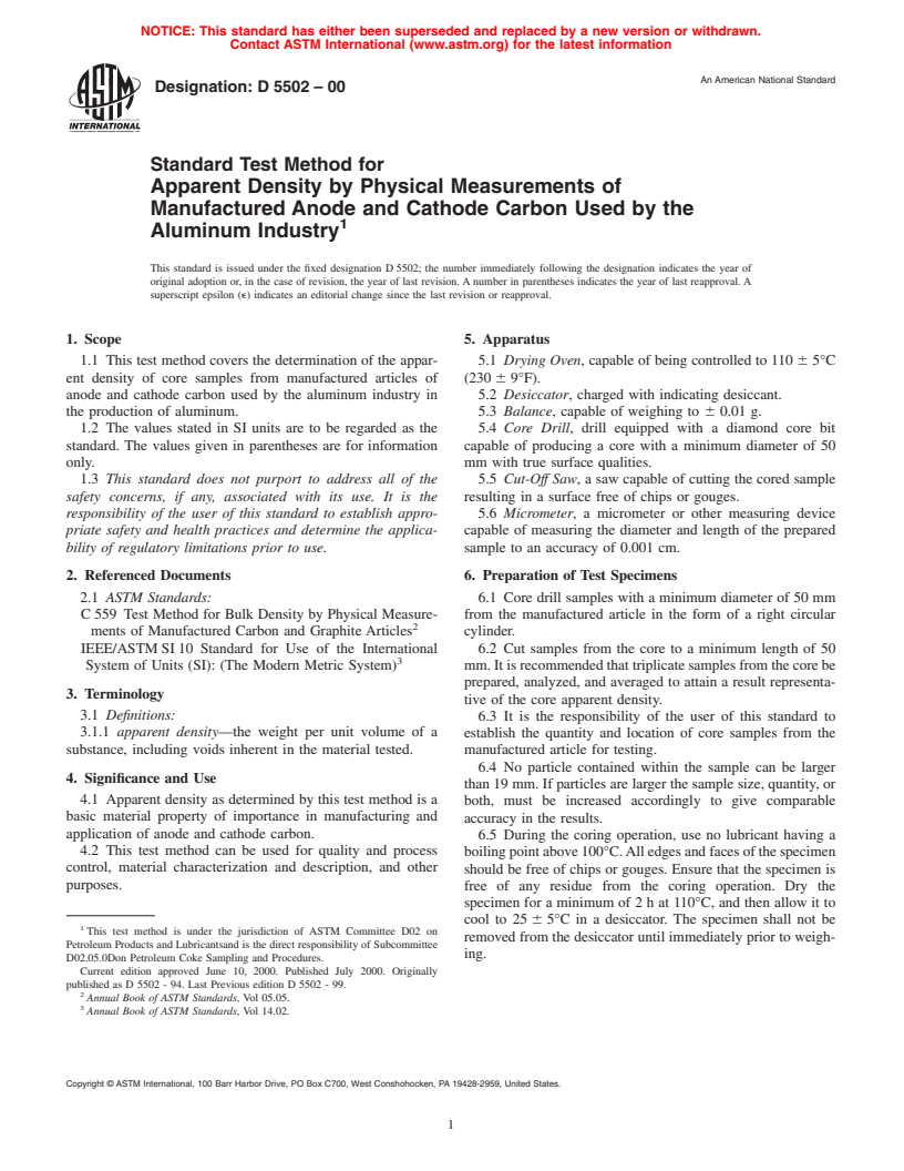 ASTM D5502-00 - Standard Test Method for Apparent Density by Physical Measurements of Manufactured Anode and Cathode Carbon Used by the Aluminum Industry