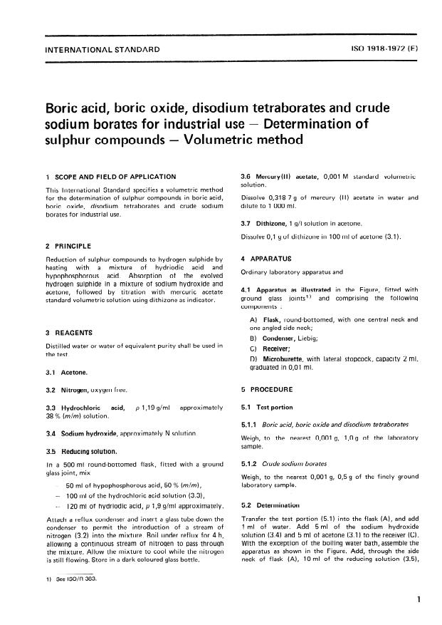 ISO 1918:1972 - Boric acid, boric oxide, disodium tetraborates and crude sodium borates for industrial use -- Determination of sulphur compounds -- Volumetric method