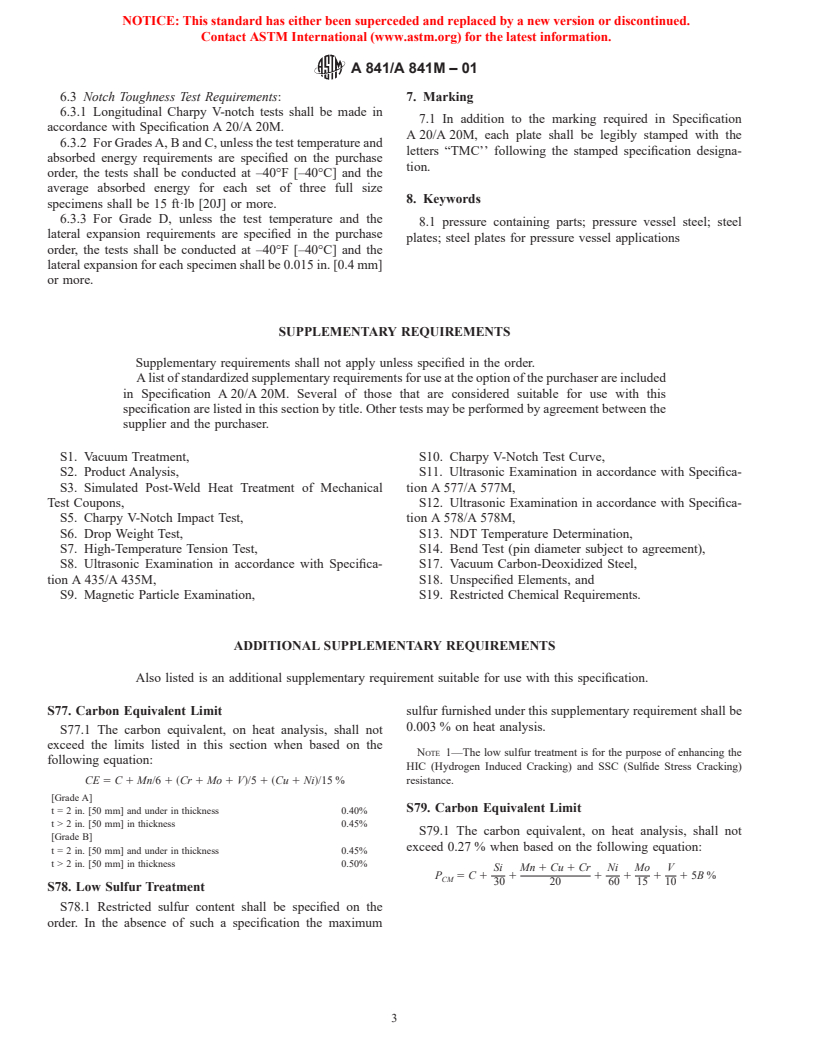 ASTM A841/A841M-01 - Standard Specification for Steel Plates for Pressure Vessels, Produced by Thermo-Mechanical Control Process (TMCP)