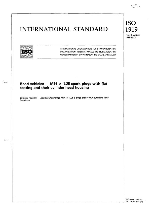 ISO 1919:1988 - Road vehicles -- M14 x 1,25 spark-plugs with flat seating and their cylinder head housings