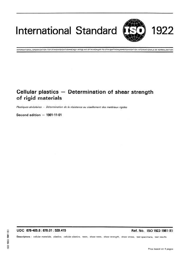 ISO 1922:1981 - Cellular plastics -- Determination of shear strength of rigid materials