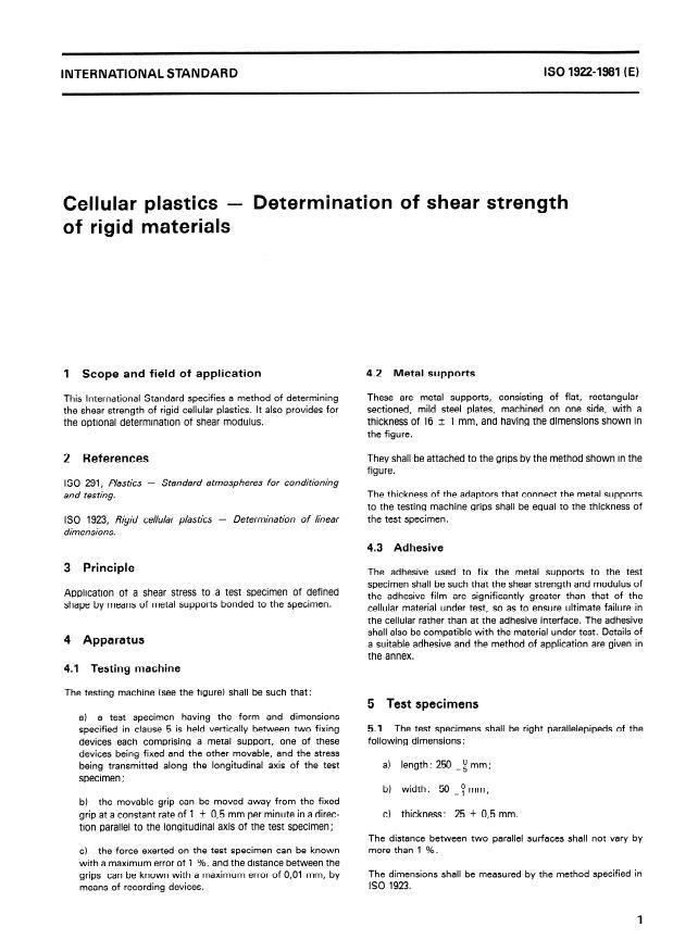 ISO 1922:1981 - Cellular plastics -- Determination of shear strength of rigid materials