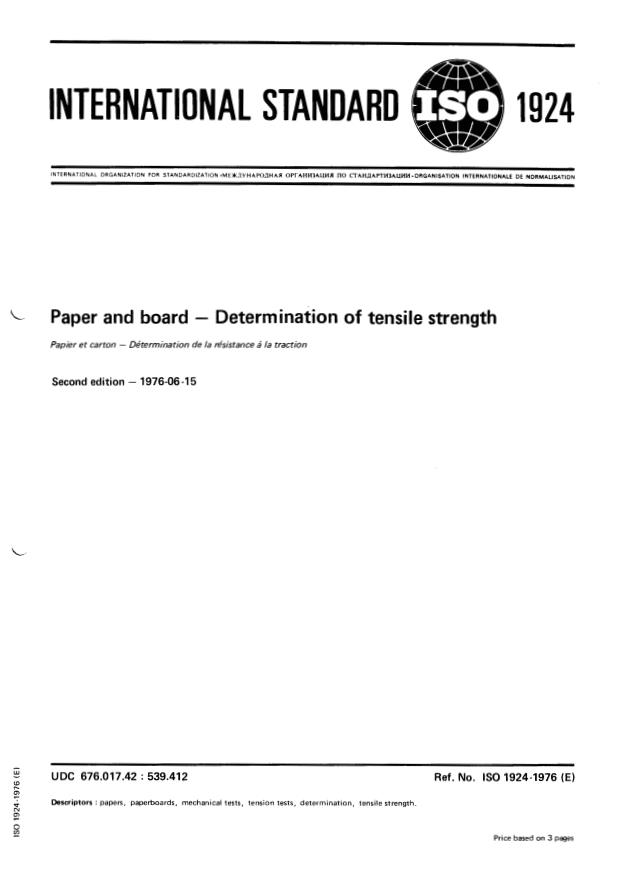 ISO 1924:1976 - Paper and board -- Determination of tensile strength