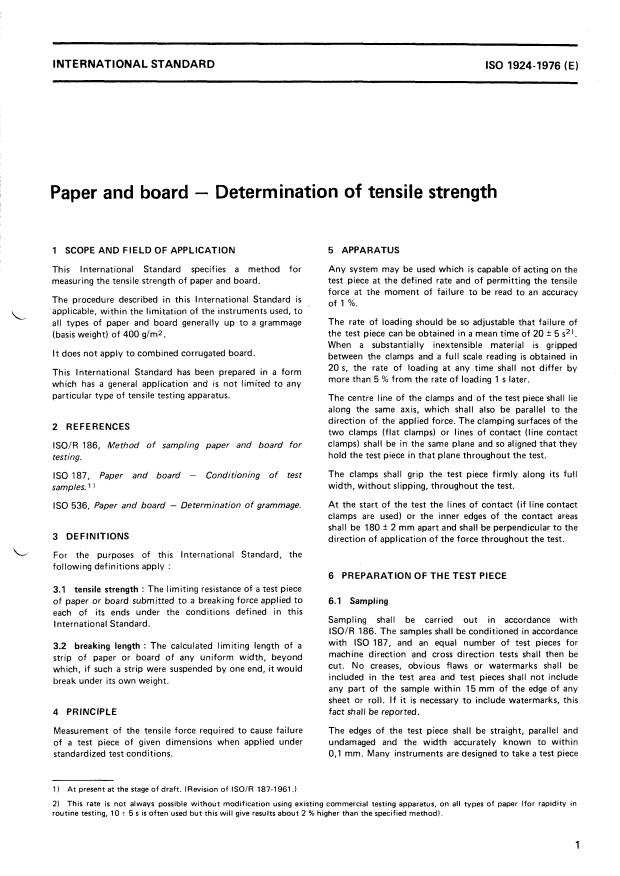 ISO 1924:1976 - Paper and board -- Determination of tensile strength