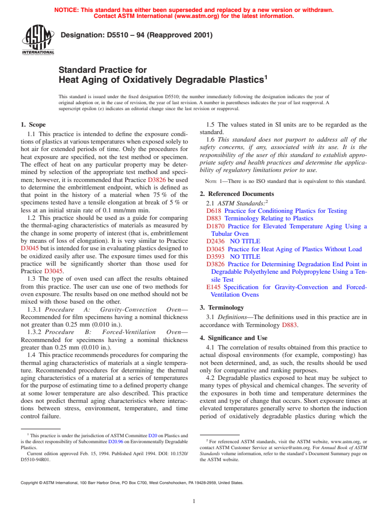 ASTM D5510-94(2001) - Standard Practice for Heat Aging of Oxidatively Degradable Plastics (Withdrawn 2010)