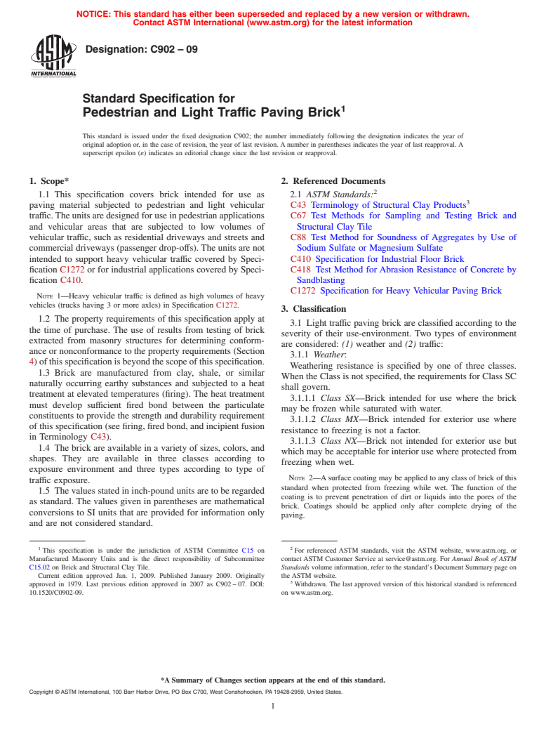 ASTM C902-09 - Standard Specification for Pedestrian and Light Traffic Paving Brick