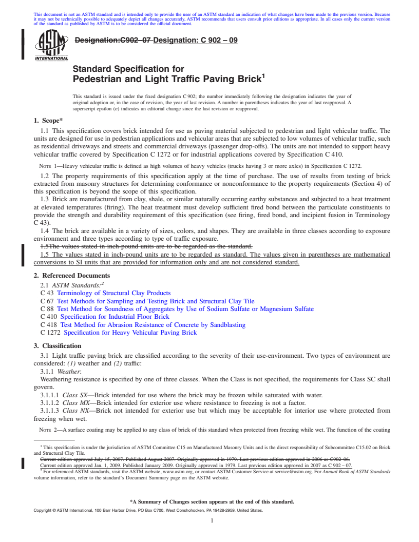 REDLINE ASTM C902-09 - Standard Specification for Pedestrian and Light Traffic Paving Brick