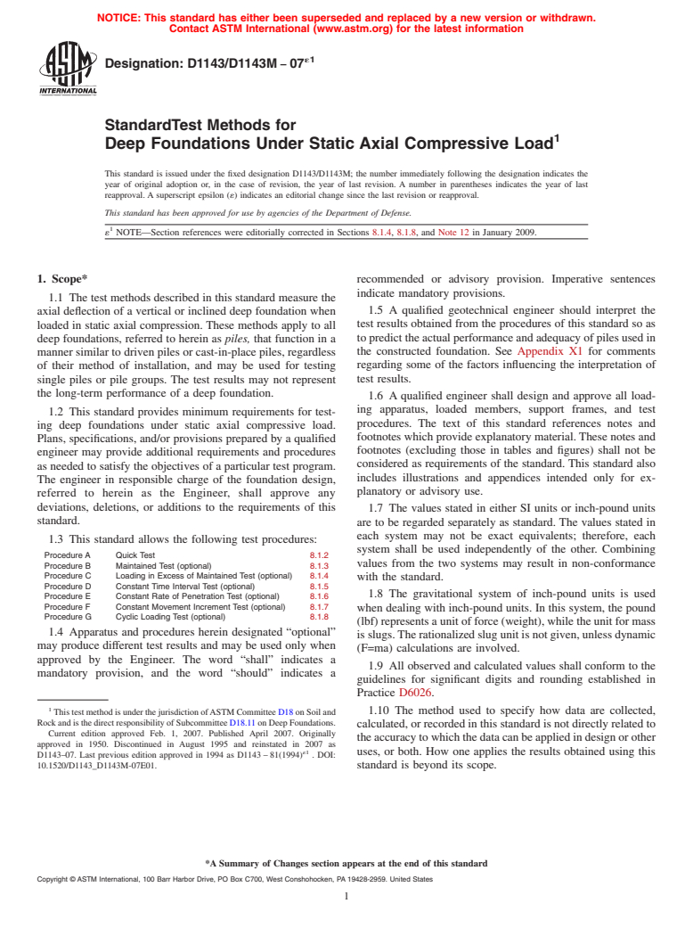 ASTM D1143/D1143M-07e1 - Standard Test Methods for  Deep Foundations Under Static Axial Compressive Load