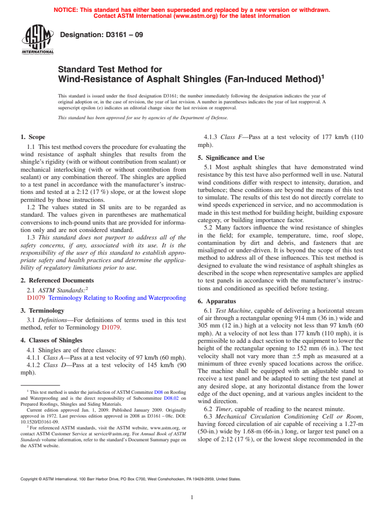 ASTM D3161-09 - Standard Test Method for  Wind-Resistance of Asphalt Shingles (Fan-Induced Method)