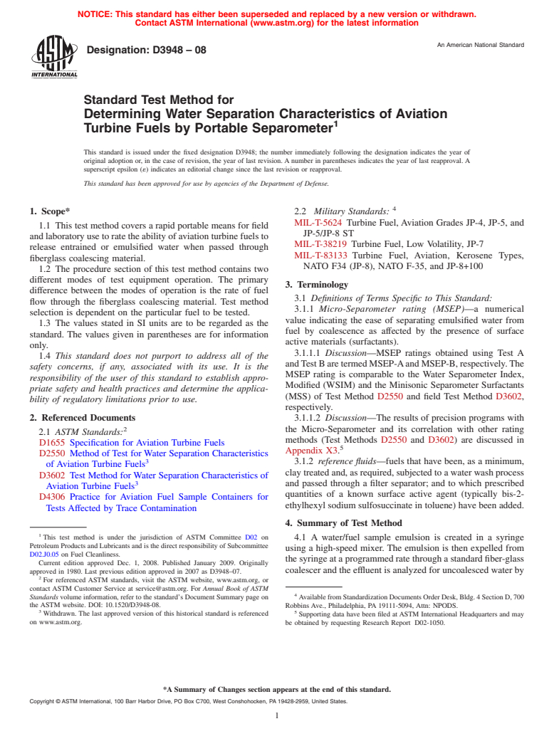 ASTM D3948-08 - Standard Test Method for Determining Water Separation Characteristics of Aviation Turbine Fuels by Portable Separometer