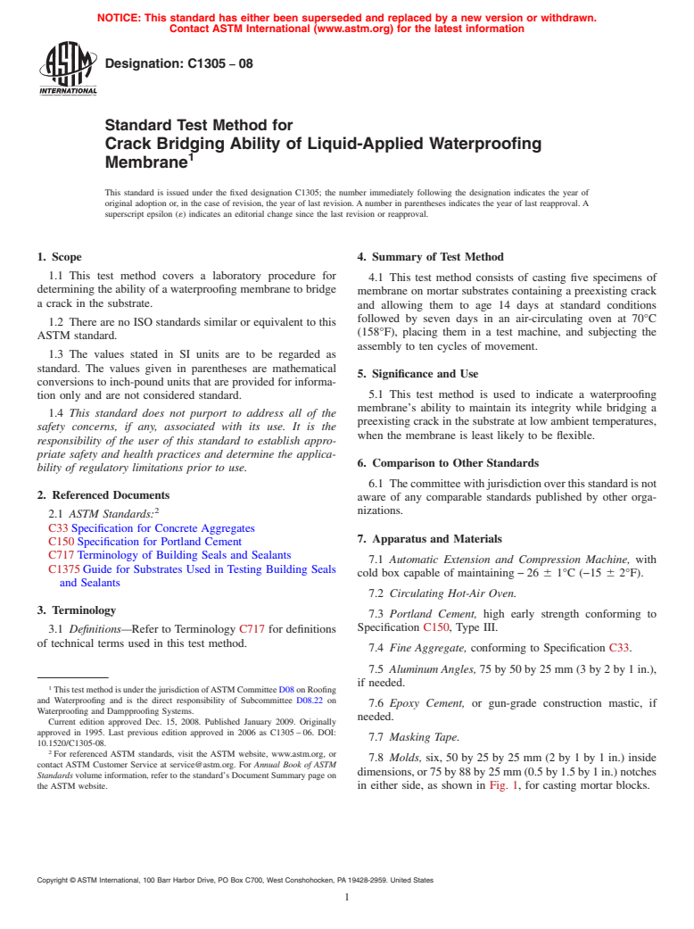 ASTM C1305-08 - Standard Test Method for Crack Bridging Ability of Liquid-Applied Waterproofing Membrane