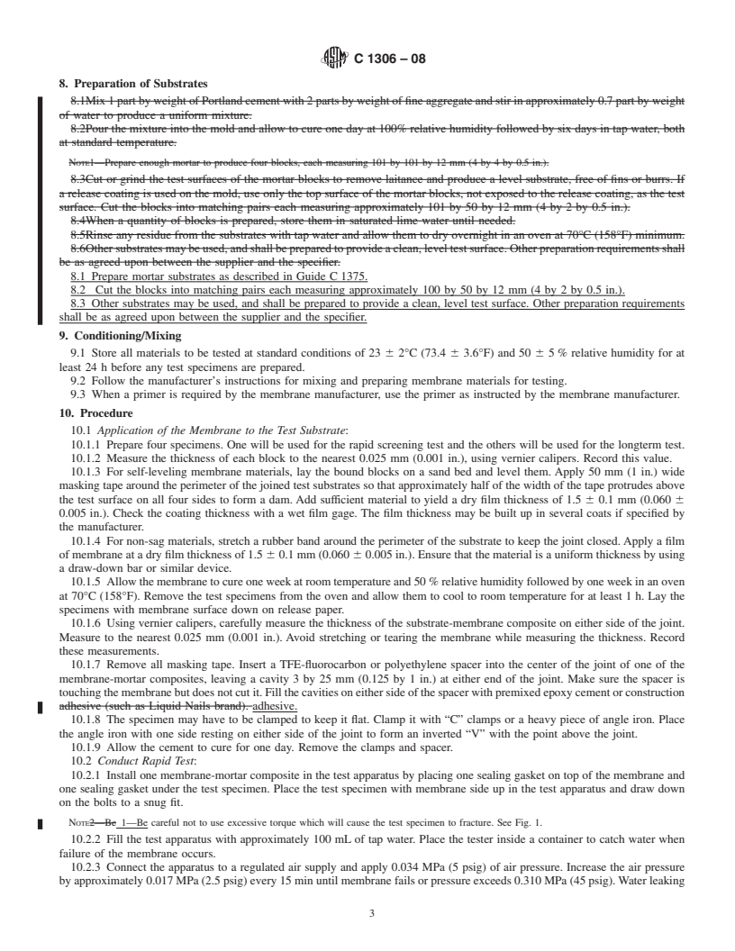 REDLINE ASTM C1306-08 - Standard Test Method for Hydrostatic Pressure Resistance of a Liquid-Applied Waterproofing Membrane