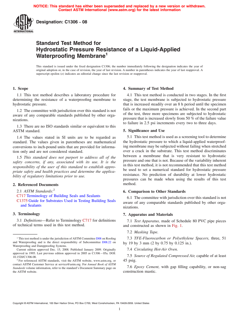 ASTM C1306-08 - Standard Test Method for Hydrostatic Pressure Resistance of a Liquid-Applied Waterproofing Membrane