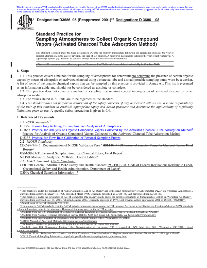 REDLINE ASTM D3686-08 - Standard Practice for Sampling Atmospheres to Collect Organic Compound Vapors (Activated Charcoal Tube Adsorption Method)