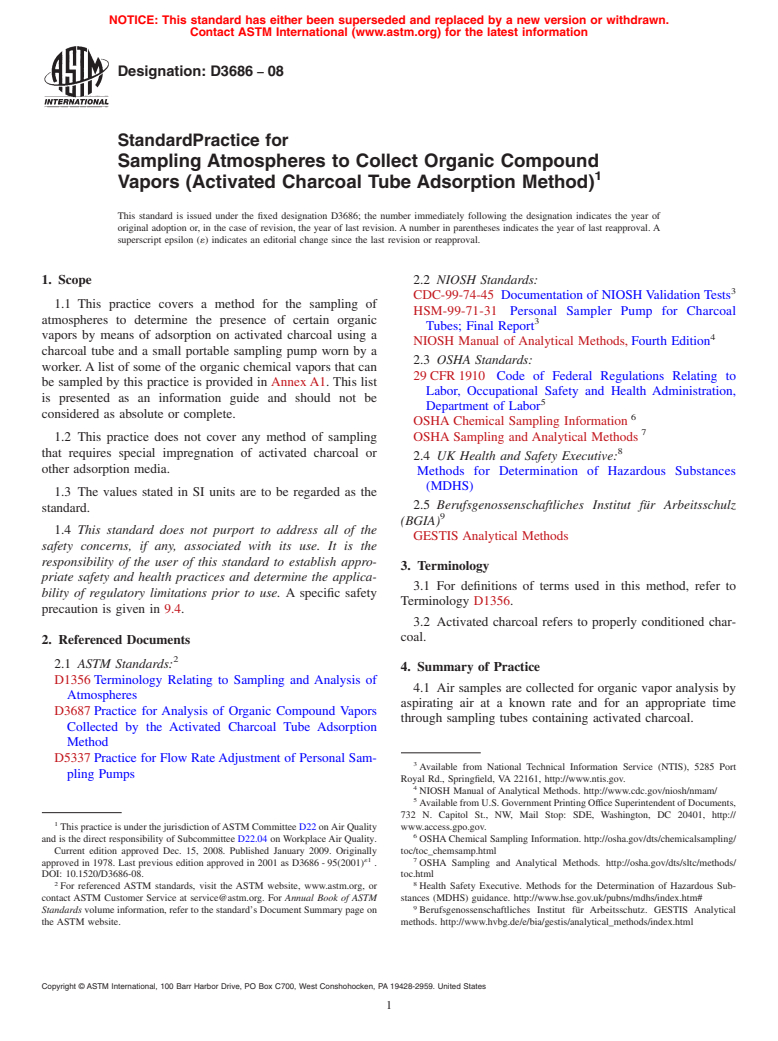 ASTM D3686-08 - Standard Practice for Sampling Atmospheres to Collect Organic Compound Vapors (Activated Charcoal Tube Adsorption Method)