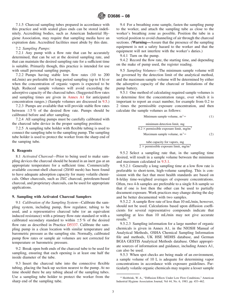 ASTM D3686-08 - Standard Practice for Sampling Atmospheres to Collect Organic Compound Vapors (Activated Charcoal Tube Adsorption Method)