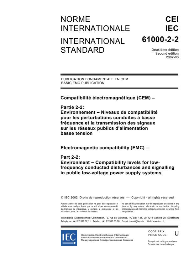 IEC 61000-2-2:2002 - Electromagnetic compatibility (EMC) - Part 2-2: Environment - Compatibility levels for low-frequency conducted disturbances and signalling in public low-voltage power supply systems