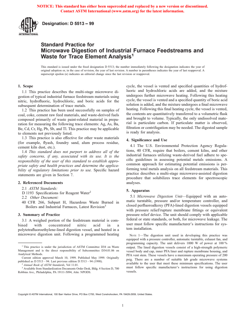 ASTM D5513-99 - Standard Practice for Microwave Digestion of Industrial Furnace Feedstreams and Waste for Trace Element Analysis