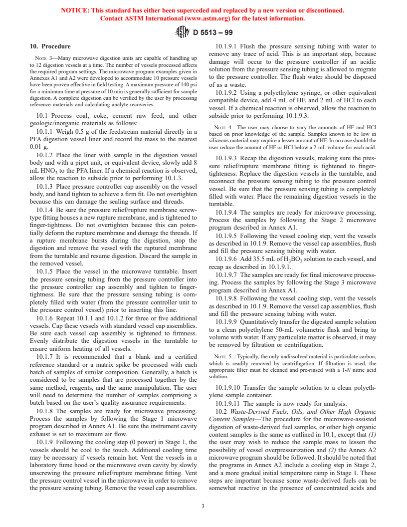 ASTM D5513-99 - Standard Practice for Microwave Digestion of Industrial Furnace Feedstreams and Waste for Trace Element Analysis