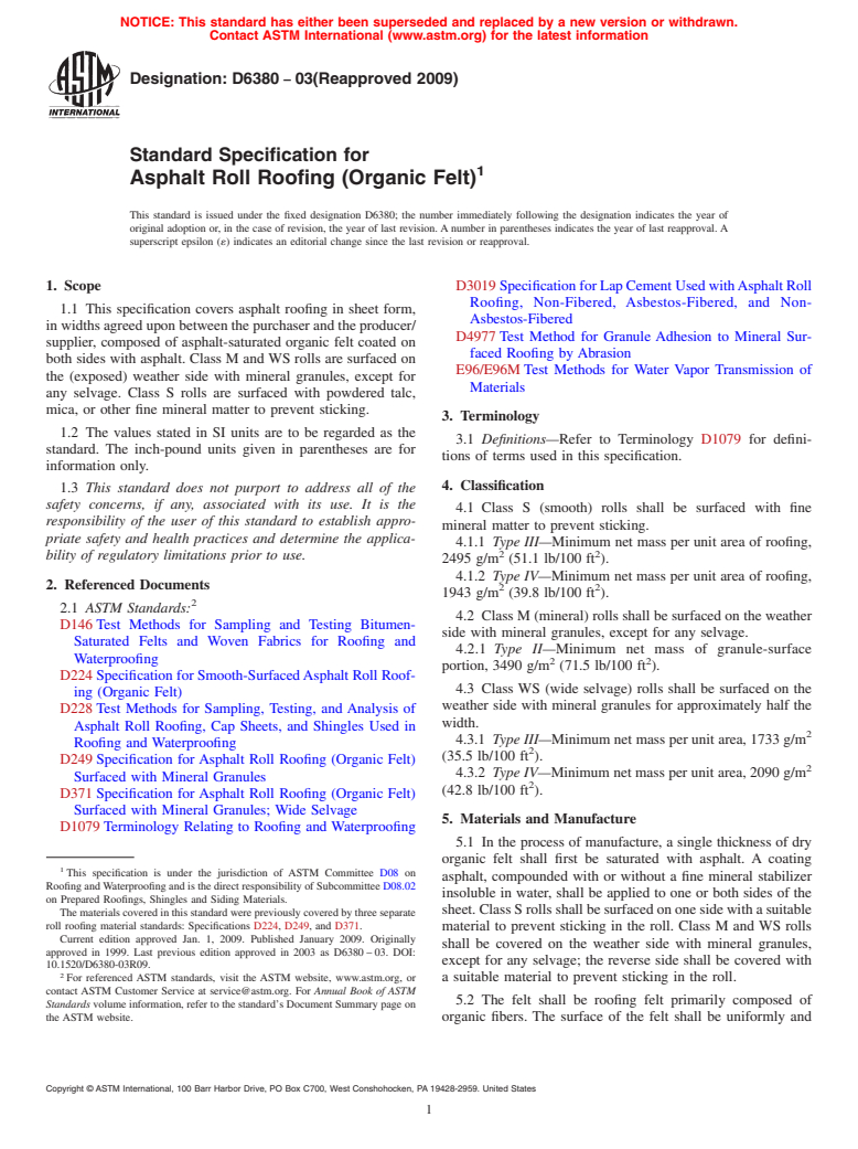 ASTM D6380-03(2009) - Standard Specification for Asphalt Roll Roofing (Organic Felt)