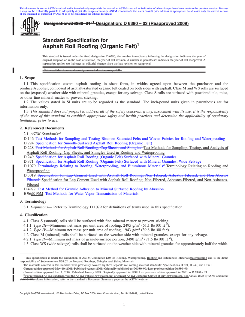 REDLINE ASTM D6380-03(2009) - Standard Specification for Asphalt Roll Roofing (Organic Felt)